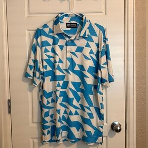 Duff Daddies Gold Company Blue and White Geometric Golf Polo
